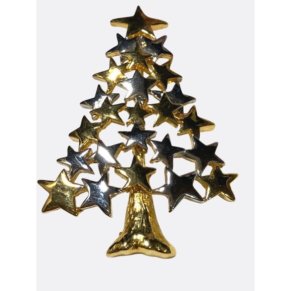 Christmas Tree Brooch Pin with Gold and Silver Stars - Picture 4 of 7